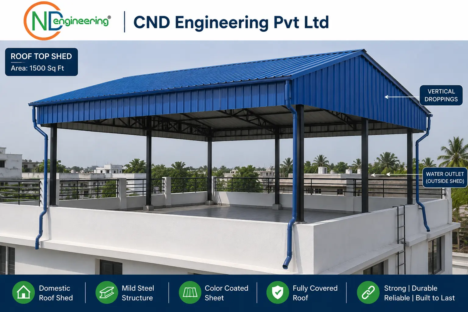 Roof shed installation in Kolkata with mild steel frame, PPGL sheet, vertical cladding and outside water outlet by CND Engineering