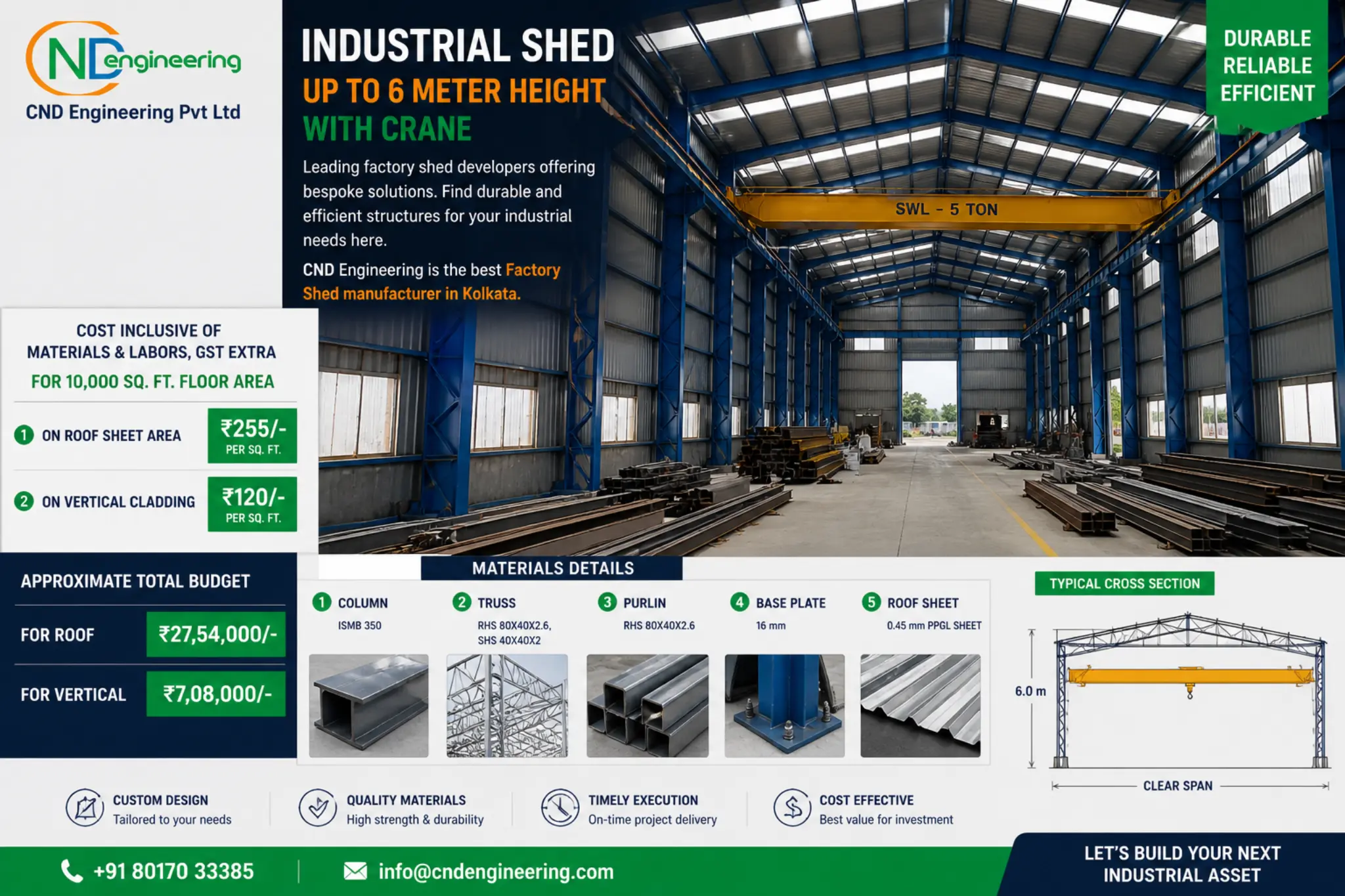 6 meter industrial shed with crane technical infographic showing cost, material and structural details