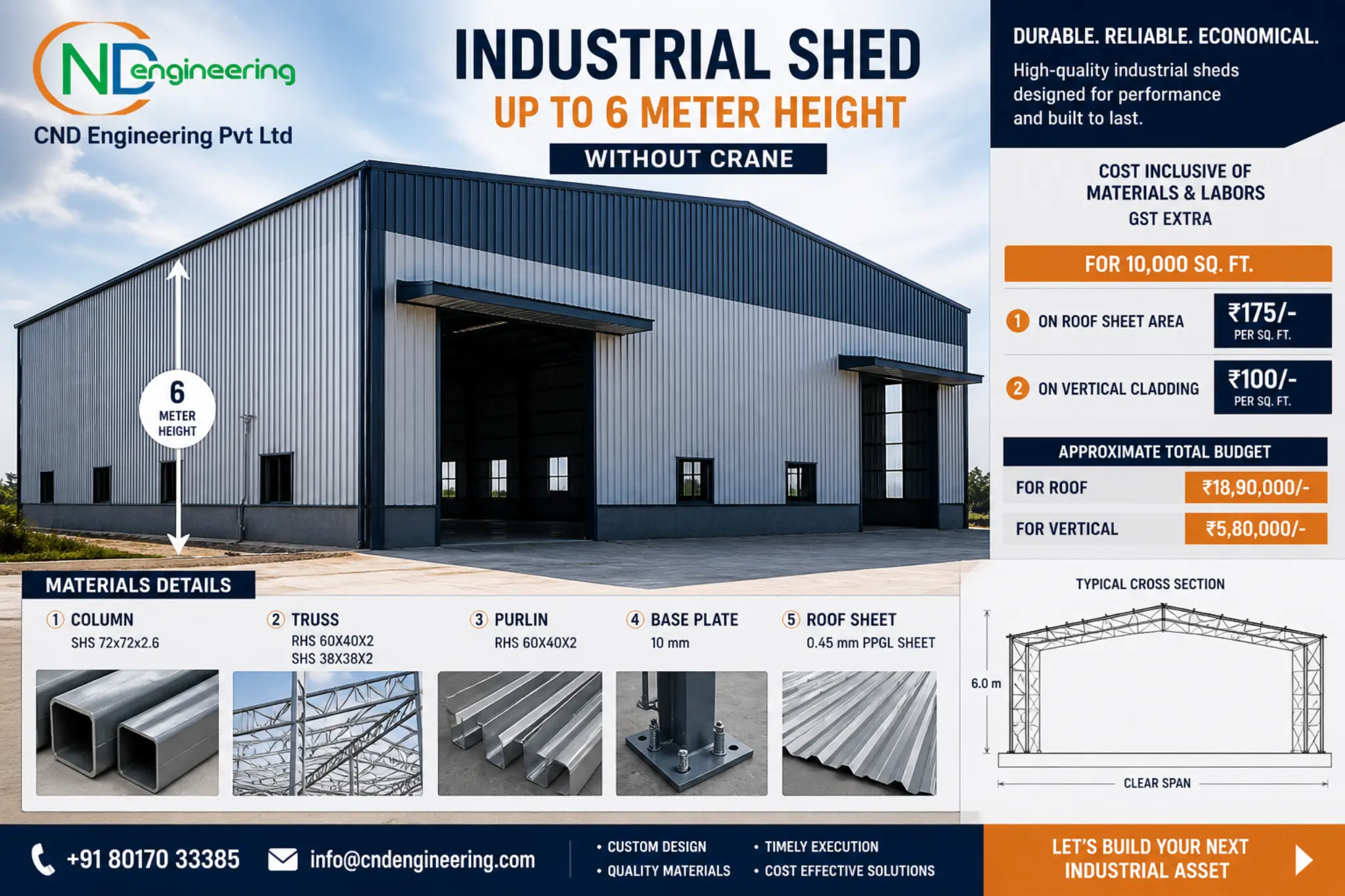 6 meter industrial shed without crane technical cost infographic by CND Engineering
