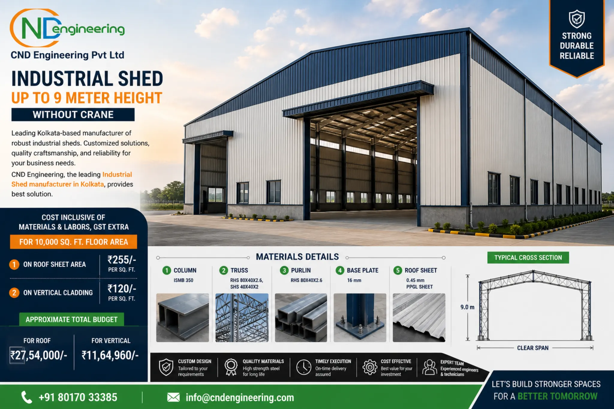 9 meter industrial shed without crane technical infographic showing cost, material and structural details