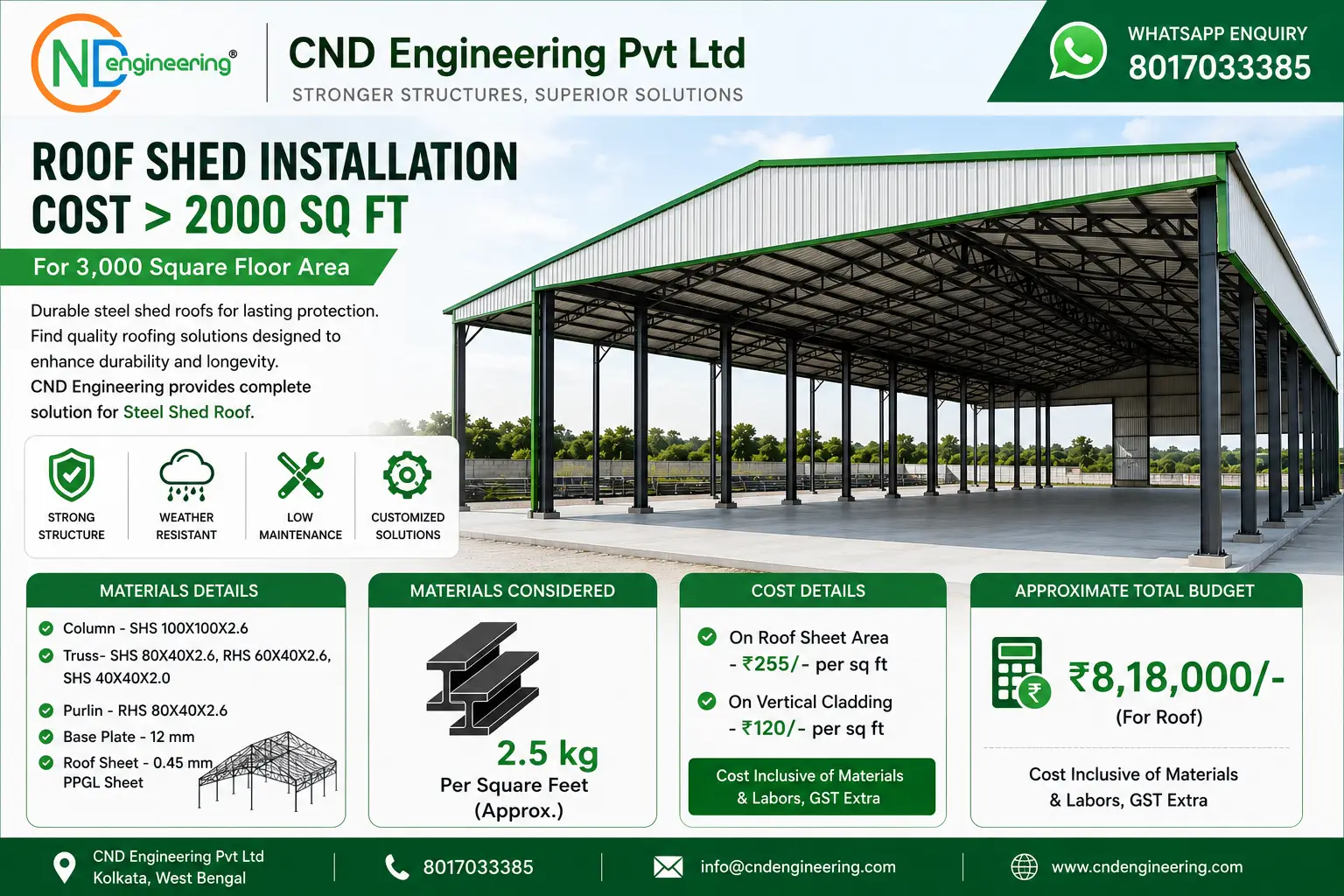 CND Engineering green and white steel roof shed installation for 3000 square feet